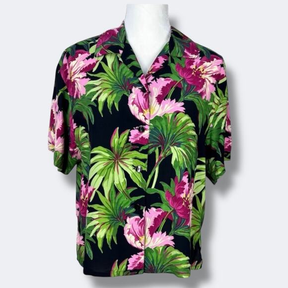 Vintage Ilyse Hart Ltd Hawaiian Shirt Men M Black Rayon Tropical Floral Aloha - Picture 1 of 7